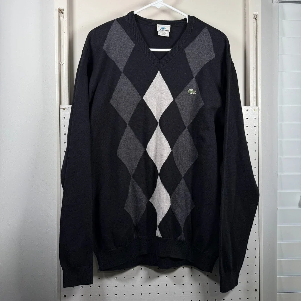 Lacoste Pullover Sweater Men's Black Gray Argyle Diamond V-Neck Long Sleeve - XL
